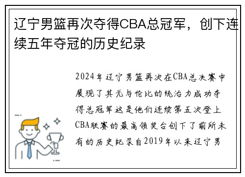 辽宁男篮再次夺得CBA总冠军，创下连续五年夺冠的历史纪录