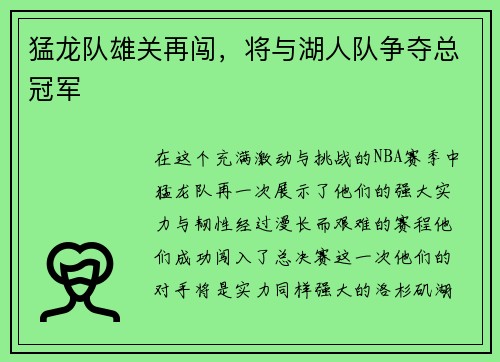猛龙队雄关再闯，将与湖人队争夺总冠军