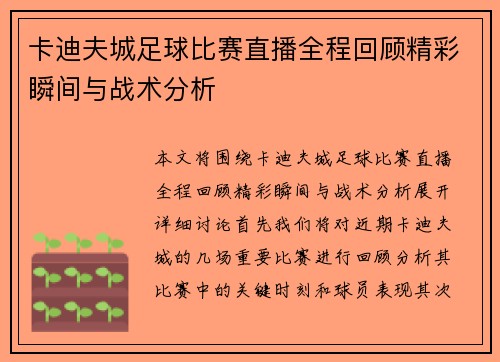 卡迪夫城足球比赛直播全程回顾精彩瞬间与战术分析